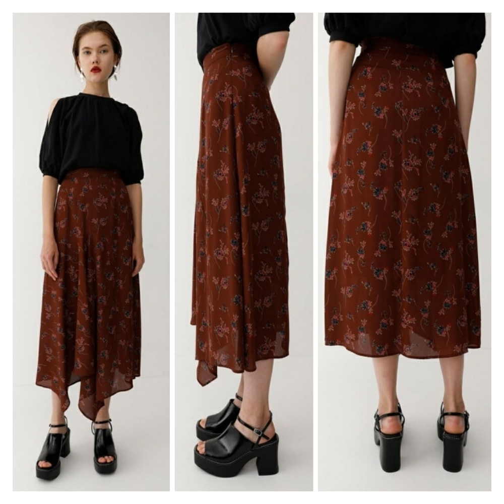 Moussy Brown Floral Asymetrical Midi Skirt Size 2